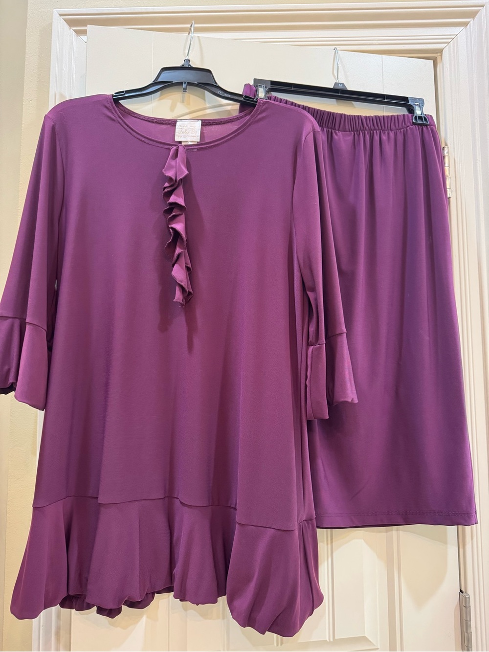 Women’s Two-Piece Ruffle Tunic and Skirt Set - Plum